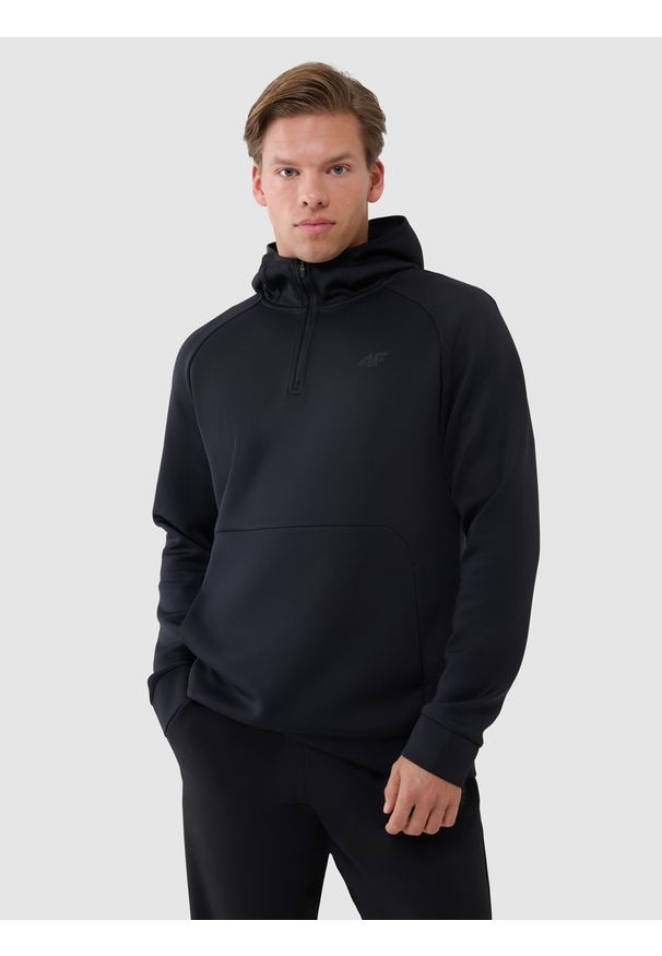 4f - 4F Bluza treningowa regular szybkoschnąca męska - czarna XL. Okazja: na co dzień. Typ kołnierza: kaptur. Kolor: czarny. Długość: krótkie. Wzór: ze splotem, gładki. Materiał: syntetyk, elastan, tkanina, materiał, dzianina, włókno. Długość rękawa: raglanowy rękaw. Styl: casual, sportowy, klasyczny. Sport: bieganie, fitness