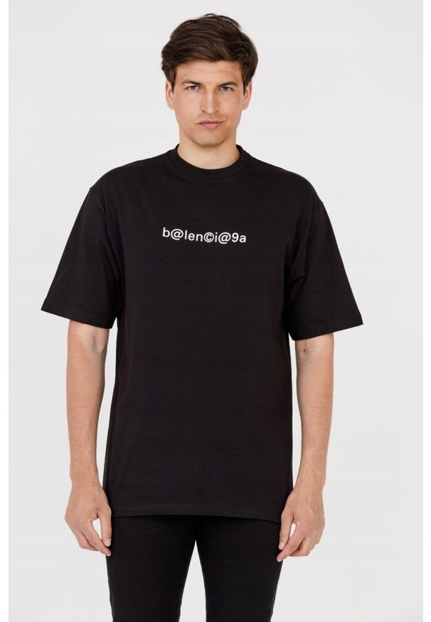 Balenciaga - BALENCIAGA Męski czarny t-shirt z białym logo, Rozmiar XS. Kolor: czarny. Materiał: len