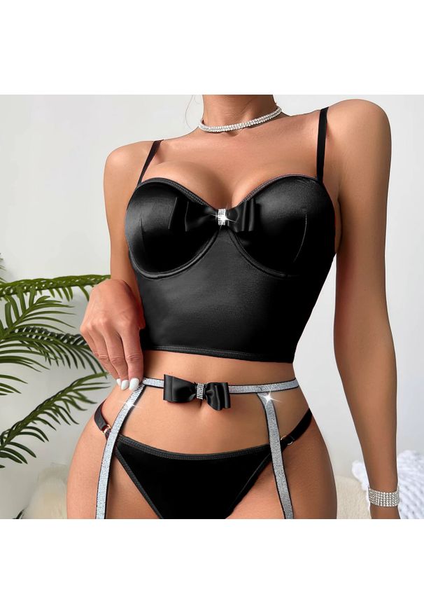 Intica - Komplet bielizny z body i pasem do pończoch z kokardą Iside. Kolor: czarny. Materiał: materiał. Długość: długie