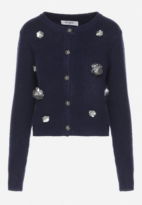 Born2be - Granatowy Rozpinany Kardigan z Wełną Ozdobiony Metalicznymi Kwiatami Zemilaine. Okazja: na co dzień. Kolor: niebieski. Materiał: wełna. Wzór: aplikacja, kwiaty. Styl: casual, elegancki, klasyczny