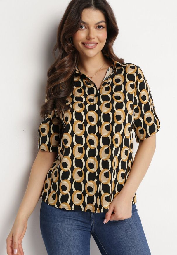 Born2be - Beżowo-Czarna Koszula z Bawełny i Wiskozy z Rękawem 3/4 i Ozdobnym Wzorem Tinari. Kolor: beżowy. Materiał: bawełna, wiskoza. Sezon: wiosna, lato