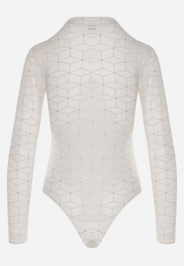 Born2be - Białe Siateczkowe Body o Geometrycznym Wzorze Turefia. Okazja: na co dzień. Kolor: biały. Materiał: materiał. Wzór: geometria. Styl: casual, elegancki
