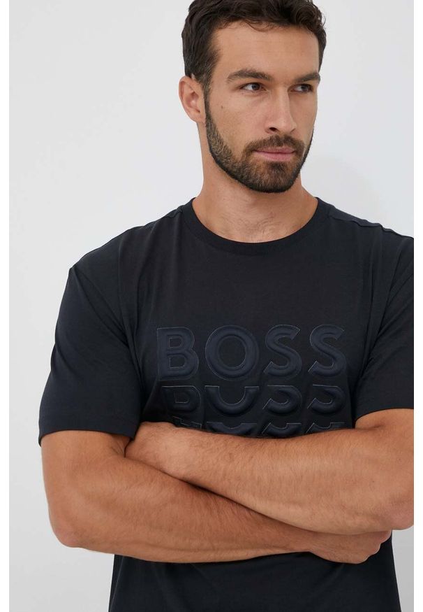 Boss Green t-shirt bawełniany BOSS GREEN kolor szary z aplikacją. Kolor: szary. Materiał: bawełna. Wzór: aplikacja