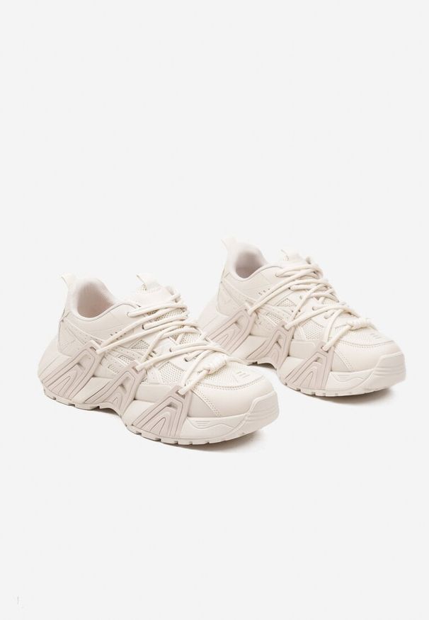 Born2be - Beżowe Sneakersy z Geometrycznym Tłoczeniem Ulfitia. Okazja: na co dzień. Zapięcie: sznurówki. Kolor: beżowy. Materiał: dresówka. Wzór: geometria
