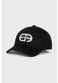 Emporio Armani czapka bawełniana kolor czarny z aplikacją. Kolor: czarny. Materiał: bawełna. Wzór: aplikacja