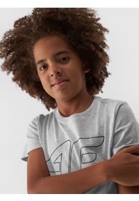 4f - 4F T-shirt z nadrukiem chłopięcy - szary 146 (10-11 lat). Okazja: na co dzień. Kolor: szary. Materiał: dzianina, bawełna, wiskoza, jersey, materiał. Długość rękawa: krótki rękaw. Długość: krótkie. Wzór: nadruk. Sezon: lato. Styl: sportowy, casual