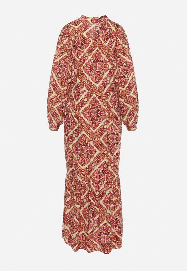 Born2be - Bordowa Rozkloszowana Sukienka z Wiskozy Zapinana na Guziki z Falbanką Nrines. Okazja: na co dzień. Typ kołnierza: dekolt w kształcie V. Kolor: czerwony. Materiał: wiskoza. Długość rękawa: długi rękaw. Styl: casual, elegancki