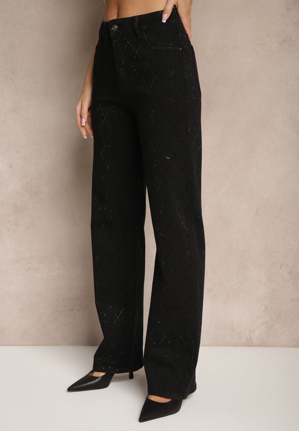 Renee - Czarne Szerokie Jeansy z Bawełną High Waist z Cyrkoniami Aslevia. Okazja: na co dzień. Stan: podwyższony. Kolor: czarny. Wzór: aplikacja. Styl: elegancki, casual