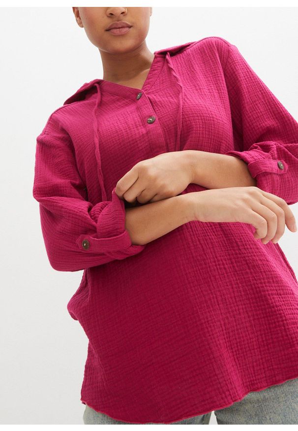 bonprix - Bluzka z przewiewnego muślinu. Typ kołnierza: kaptur. Kolor: różowy. Materiał: bawełna