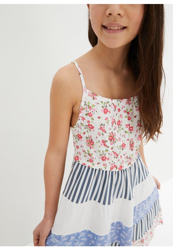 bonprix - Sukienka z dżerseju z czystej bawełny. Kolor: biały. Materiał: jersey, bawełna. Długość rękawa: na ramiączkach. Wzór: nadruk, aplikacja. Sezon: lato