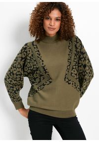 Przyjazny dla środowiska sweter z połyskującymi kamieniami bonprix zielony khaki - czarny wzorzysty. Kolor: zielony. Materiał: materiał, poliester, poliamid #2