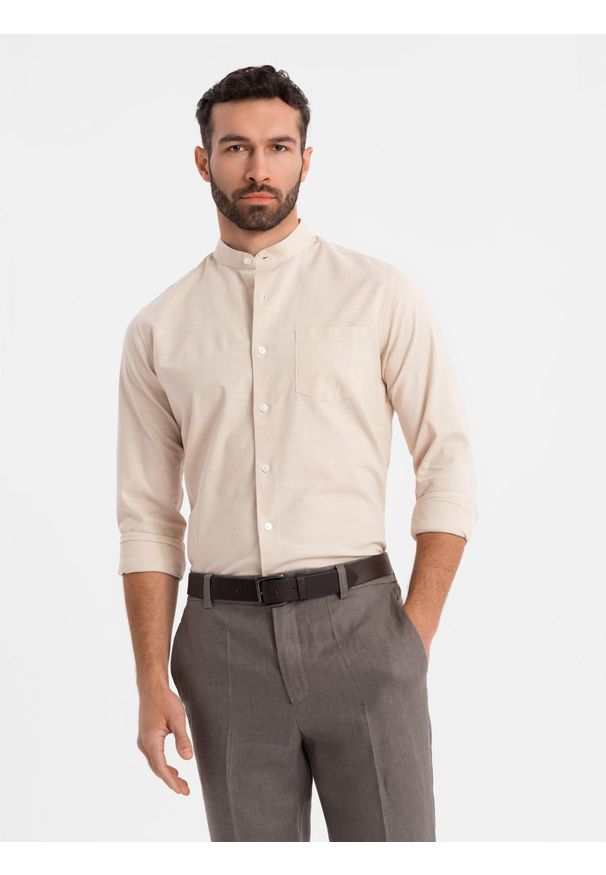 Ombre Clothing - Koszula męska lniana ze stójką i kieszenią REGULAR FIT – kremowa V3 - Rozmiar: M. Okazja: na co dzień. Typ kołnierza: kołnierzyk stójkowy. Kolor: kremowy. Materiał: len. Długość rękawa: długi rękaw. Długość: długie. Sezon: wiosna, lato. Styl: casual