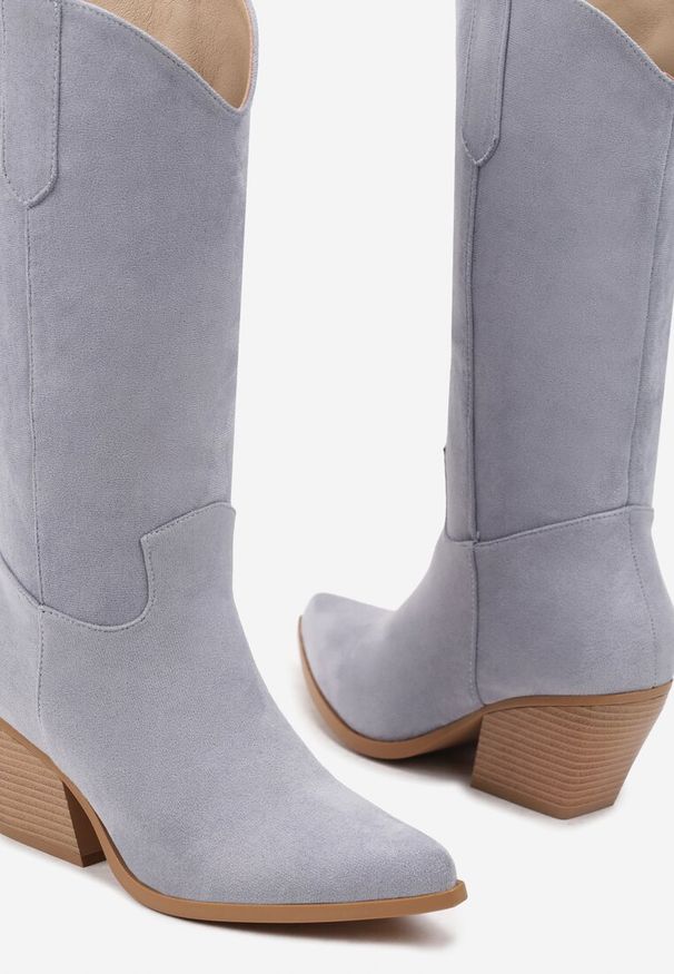 Renee - Niebieskie Kozaki na Stożku w Stylu Kowbojek Naures. Okazja: na co dzień. Kolor: niebieski. Materiał: skóra. Obcas: na stożku. Styl: casual, klasyczny, elegancki, rockowy. Wysokość obcasa: średni