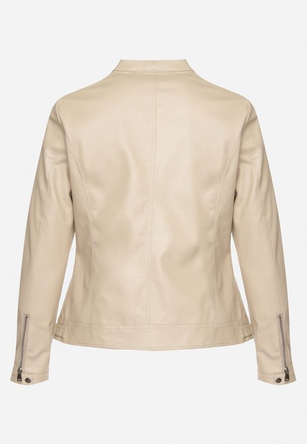 Born2be - Beżowa Kurtka Ramoneska Bez Kołnierzyka z Suwakami na Rękawach Rilinne. Okazja: na spacer, na co dzień. Typ kołnierza: bez kołnierzyka. Kolekcja: plus size. Kolor: beżowy. Sezon: wiosna. Styl: elegancki, casual