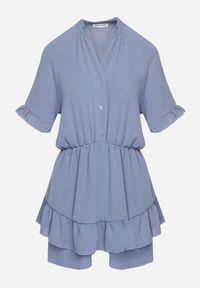 Born2be - Niebieski Taliowany Kombinezon z Gumką w Talii i Ozdobną Falbanką przy Rękawach Nanselena. Kolor: niebieski. Długość rękawa: krótki rękaw. Długość: krótkie. Styl: elegancki #5