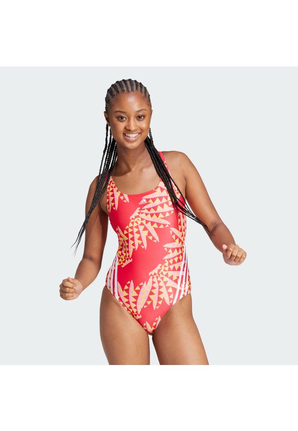 Adidas - Strój do pływania FARM Rio 3-Stripes CLX. Kolor: różowy, biały, wielokolorowy. Materiał: materiał