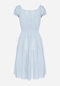 Born2be - Jasnoniebieska Bawełniana Rozkloszowana Sukienka z Guzikami i Bufiastymi Rękawami Annivi. Okazja: na co dzień. Kolor: niebieski. Materiał: bawełna. Styl: klasyczny, casual, elegancki #3