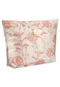 Kosmetyczka z materiału syntetycznego w różowo-beżowym kolorze zdobiona kwiatami - Peterson. Kolor: różowy, beżowy, wielokolorowy. Materiał: syntetyk, materiał. Wzór: aplikacja, kwiaty #1