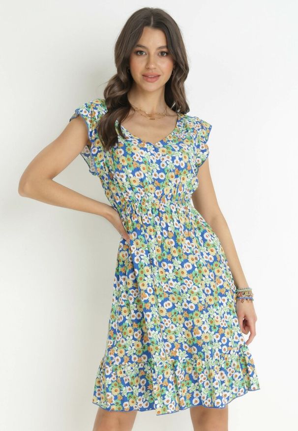 Born2be - Zielono-Granatowa Sukienka Mini z Gumką w Pasie i Falbankami z Bawełny Shelbin. Typ kołnierza: kołnierz z falbankami. Kolor: zielony. Materiał: bawełna. Długość: mini