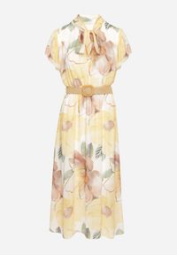 Born2be - Żółta Sukienka o Rozkloszowanym Kroju z Wiązaniem przy Dekolcie i Paskiem Sorilina. Okazja: na co dzień. Kolor: żółty. Długość rękawa: krótki rękaw. Wzór: kwiaty. Styl: casual, elegancki #7