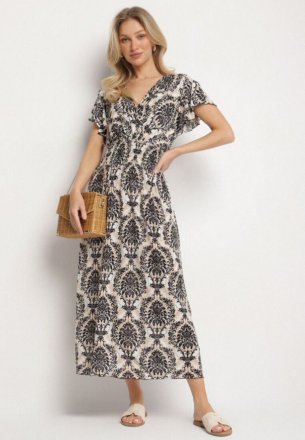 Born2be - Czarna Sukienka w Etno Wzór z Falbankami i Gumką w Pasie Ellivira. Okazja: na co dzień. Typ kołnierza: kołnierz z falbankami. Kolor: czarny. Typ sukienki: kopertowe. Styl: etno