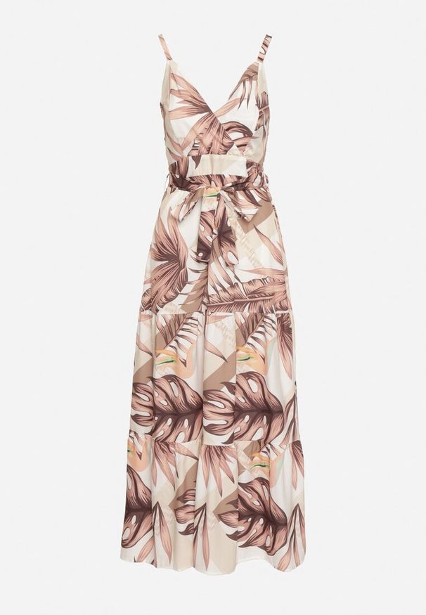 Born2be - Beżowa Sukienka na Ramiączkach z Kopertowym Dekoltem i Motywem Florystycznym Obilena. Okazja: na co dzień. Kolor: beżowy. Materiał: tkanina. Długość rękawa: na ramiączkach. Wzór: kwiaty. Sezon: lato. Typ sukienki: kopertowe. Styl: casual, elegancki