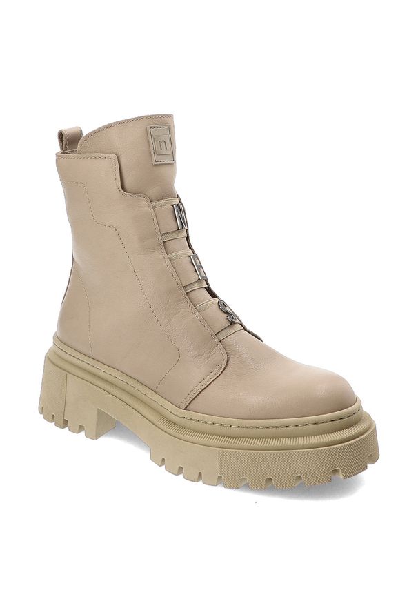 Beżowe Botki Nessi Modne Obuwie Damskie. Kolor: beżowy. Materiał: skóra. Sezon: zima. Obcas: na obcasie. Styl: elegancki. Wysokość obcasa: średni