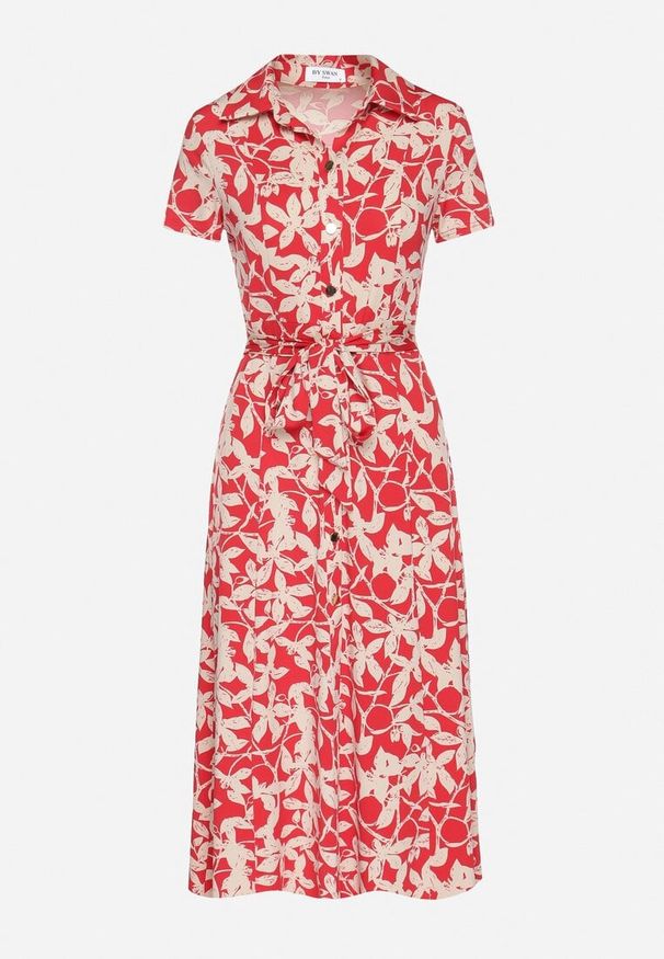 Born2be - Czerwona Koszulowa Sukienka z Wiskozą w Kwiatowy Wzór z Wiązanym Paskiem Zeilene. Okazja: na spacer, na co dzień. Typ kołnierza: kołnierzyk klasyczny. Kolor: czerwony. Materiał: wiskoza. Wzór: kwiaty. Typ sukienki: koszulowe. Styl: elegancki, casual, klasyczny