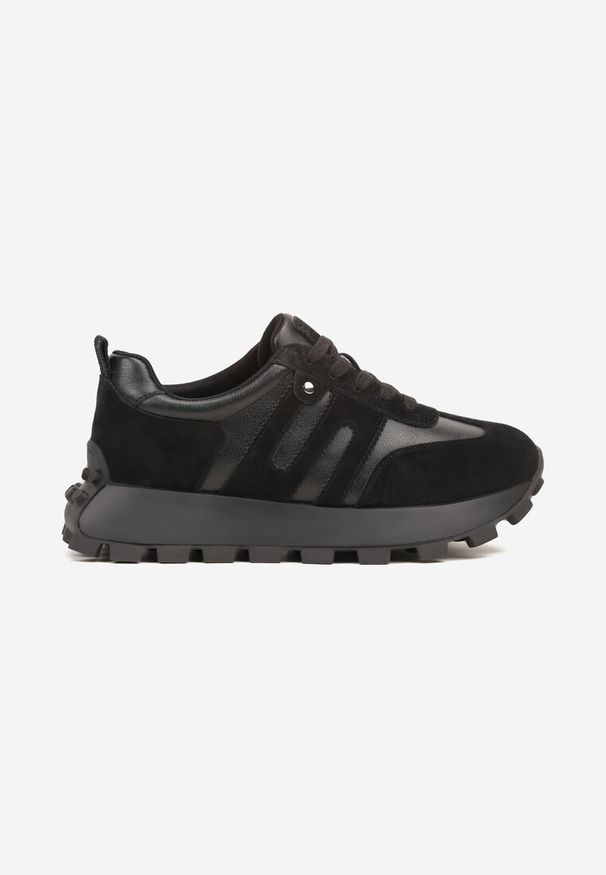 Born2be - Czarne Skórzane Sneakersy z Geometrycznym Motywem Melussea. Okazja: na co dzień. Kolor: czarny. Materiał: skóra. Wzór: geometria. Sezon: wiosna