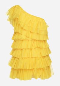 Born2be - Żółta Sukienka Mini na Jedno Ramię Asymetryczna z Falbankami Nomenta. Typ kołnierza: kołnierz z falbankami. Kolor: żółty. Typ sukienki: asymetryczne. Długość: mini #2