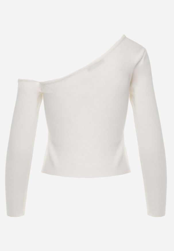 Renee - Biała Bluzka z Asymetryczną Górą Ozdobiona Dużą Aplikacją Kwiatem Viacinta. Okazja: na co dzień, na spotkanie biznesowe. Kolor: biały. Materiał: jeans. Wzór: kwiaty, aplikacja. Styl: casual, biznesowy, elegancki