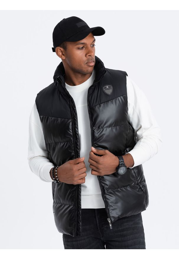 Ombre Clothing - Pikowany męski bezrękawnik z łączonych strukturalnych materiałów – czarny V1 - Rozmiar: S/M. Kolor: czarny. Materiał: materiał. Długość rękawa: bez rękawów. Długość: długie