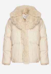 Born2be - Beżowa Pikowana Kurtka Oversize z Futrzanymi Zdobieniami Saranessa. Okazja: na co dzień. Kolor: beżowy. Materiał: futro. Wzór: aplikacja. Styl: casual