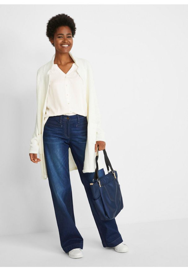 bonprix - Dżinsy Wide Leg, mid waist, wygodny pasek. Kolor: niebieski
