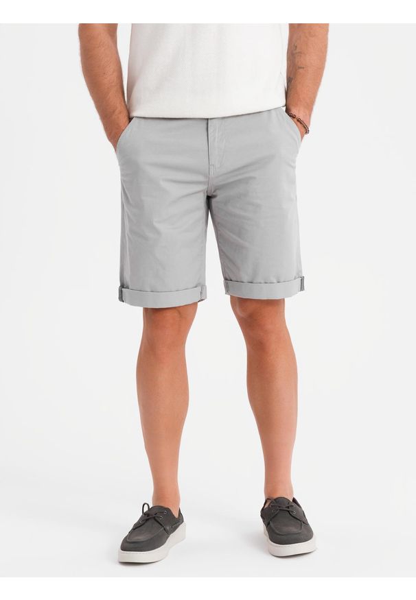 Ombre Clothing - Szorty klasyczne męskie chino z podwiniętą nogawką - szare V12 OM-SRCS-0197 - XXL. Kolor: szary. Materiał: bawełna, elastan. Sezon: lato. Styl: klasyczny