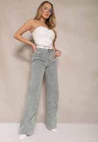 Renee - Jasnoniebieskie Jeansy High Waist o Szerokim Kroju z Cyrkoniami i Koralikami Heltewi. Okazja: na co dzień. Stan: podwyższony. Kolor: niebieski. Wzór: aplikacja. Styl: casual, elegancki #3