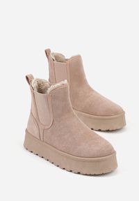 Renee - Ciemnobeżowe Śniegowce na Platformie Typu Sztyblety Ahelina. Okazja: na co dzień. Kolor: beżowy. Materiał: jeans. Obcas: na platformie. Styl: casual #5