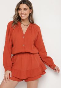 Born2be - Pomarańczowy Bawełniany Kombinezon z Elastyczną Gumką w Talii i Spódnico-Spodenkami Gleasea. Okazja: na co dzień. Kolor: pomarańczowy. Materiał: bawełna. Styl: casual, elegancki #3