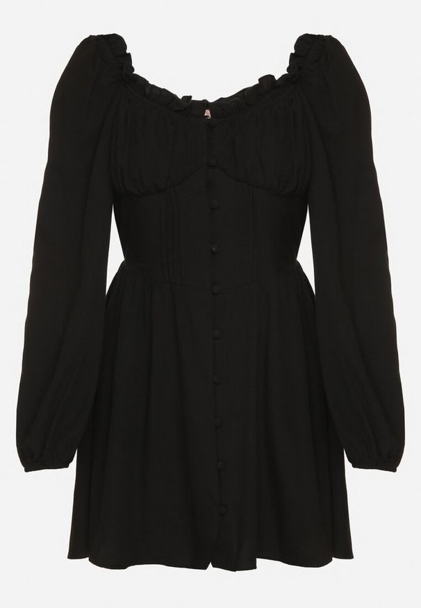 Born2be - Czarna Sukienka Hiszpanka Vices z Gorsetową Talią i Bufiastymi Rękawami Resana. Okazja: na co dzień. Typ kołnierza: dekolt gorset, dekolt hiszpanka. Kolor: czarny. Materiał: bawełna. Typ sukienki: gorsetowe. Styl: casual