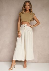 Renee - Beżowe Spodnie Culottes High Waist z Bawełny Zdobione Guzikami Izuma. Okazja: na co dzień. Stan: podwyższony. Kolor: beżowy. Materiał: bawełna. Wzór: aplikacja. Styl: elegancki, casual