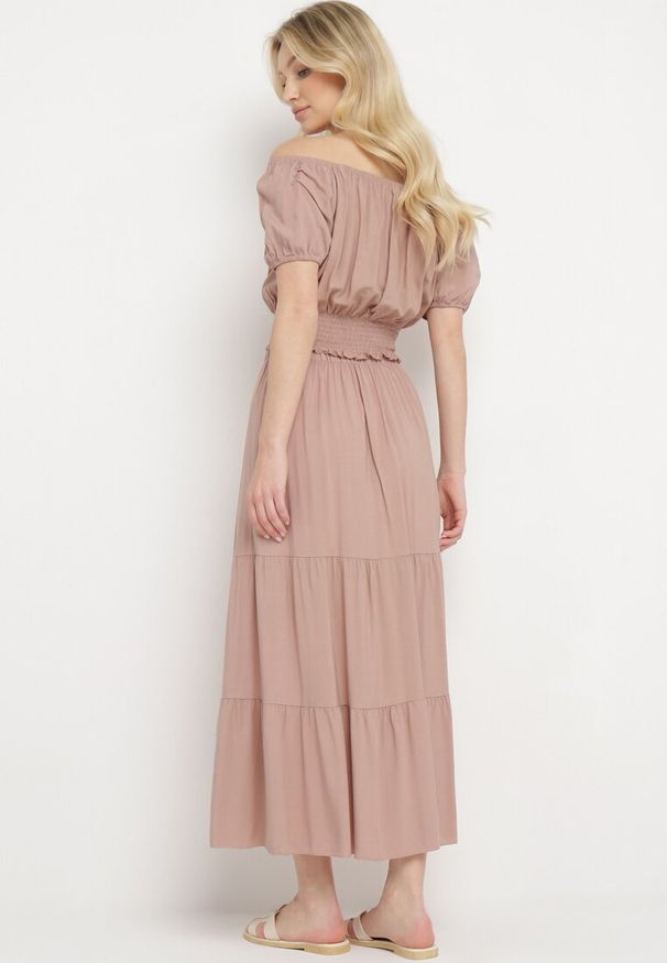 Born2be - Ciemnobeżowy Komplet na Lato z Wiskozy Bluzka Hiszpanka i Rozkloszowana Spódnica Svaine. Kolor: beżowy. Materiał: wiskoza