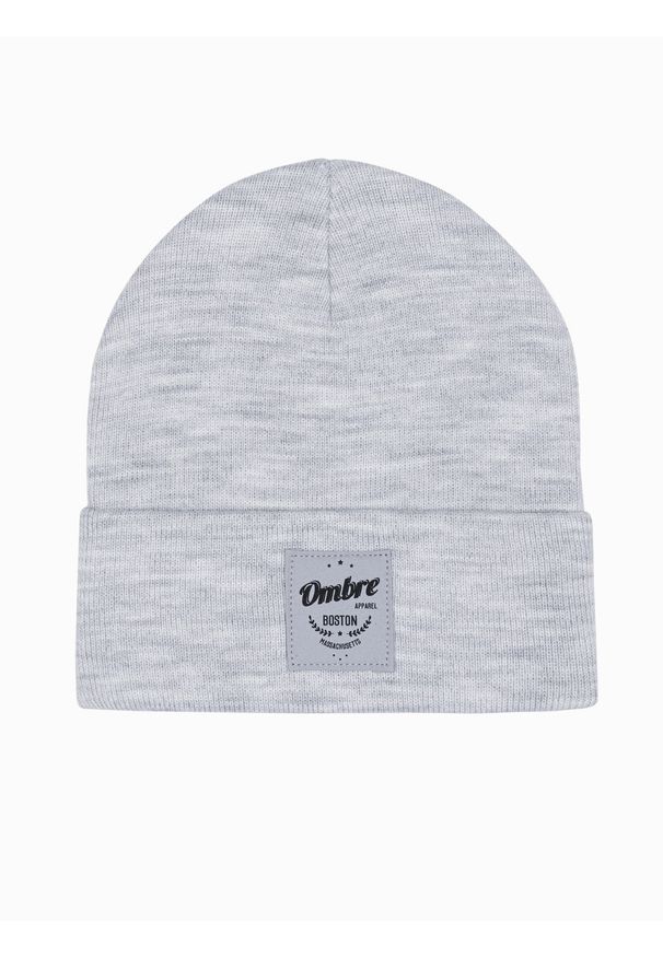 Ombre Clothing - Czapka męska H103 - szary melanż - uniwersalny. Kolor: szary. Materiał: akryl. Wzór: melanż