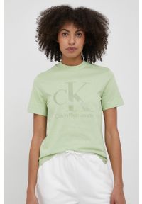 Calvin Klein Jeans t-shirt bawełniany kolor zielony. Kolor: zielony. Materiał: bawełna. Długość rękawa: krótki rękaw. Długość: krótkie. Wzór: nadruk