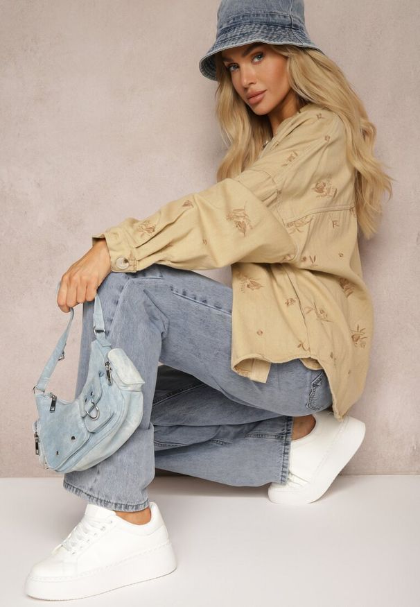 Renee - Beżowa Koszulowa Kurtka Jeansowa z Bawełny w Hafty Merinorie. Okazja: na co dzień. Kolor: beżowy. Materiał: bawełna, jeans. Długość rękawa: długi rękaw. Długość: długie. Wzór: haft. Styl: casual