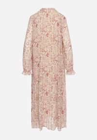 Born2be - Jasnobeżowa Sukienka Plisowana o Rozkloszowanym Kroju w Print Paisley z Wiązaniem na Dekolcie Rosamuna. Okazja: na co dzień. Kolor: beżowy. Wzór: nadruk, paisley. Styl: klasyczny, casual, elegancki