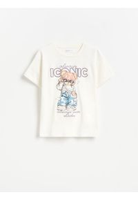 Reserved - Bawełniany t-shirt z nadrukiem - złamana biel. Materiał: bawełna. Wzór: nadruk