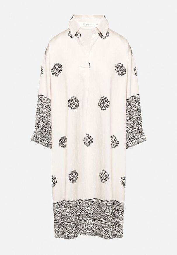 Born2be - Beżowa Wiskozowa Sukienka Ozdobiona Geometrycznym Wzorem Nalanessa. Okazja: na co dzień. Kolor: beżowy. Materiał: wiskoza. Wzór: geometria, aplikacja. Styl: casual, elegancki, klasyczny. Długość: mini