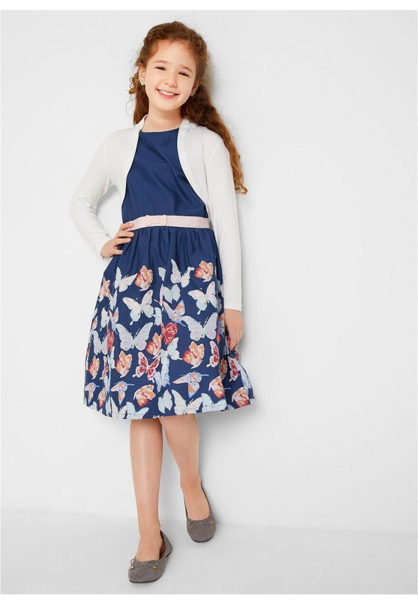 bonprix - Sukienka mini o linii litery A. Typ kołnierza: kokarda. Kolor: niebieski. Wzór: nadruk. Długość: mini