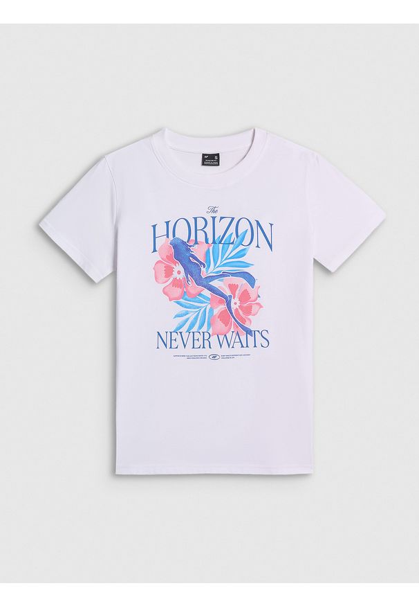 4f - 4F T-shirt regular z nadrukiem damski - biały M. Okazja: na co dzień. Kolor: biały. Materiał: materiał, bawełna, dzianina. Wzór: nadruk. Styl: casual