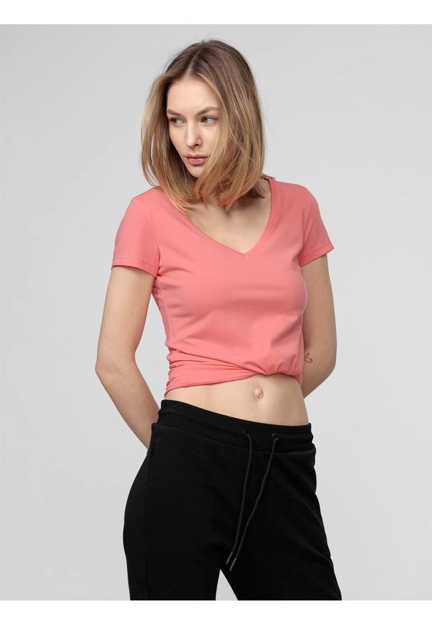 4f - T-shirt damski. Kolor: różowy. Materiał: bawełna, dzianina